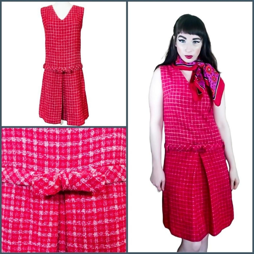 Vintage 1960s Magenta Woven Drop Waist Plaid Pinafore Wool Jumper Dress